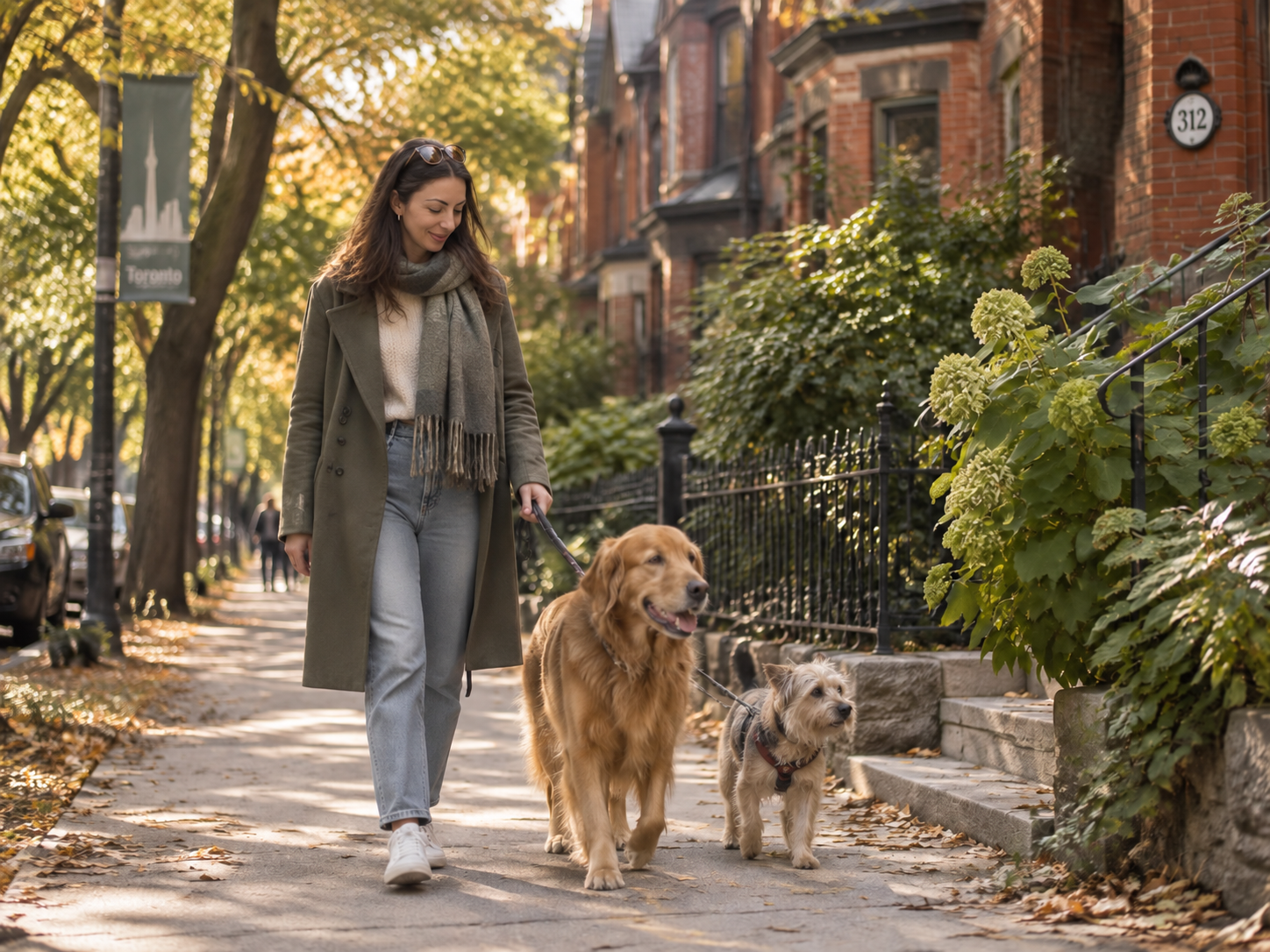 Calm Paws dog caregiver walking two relaxed dogs along a tree-lined residential street in west Toronto