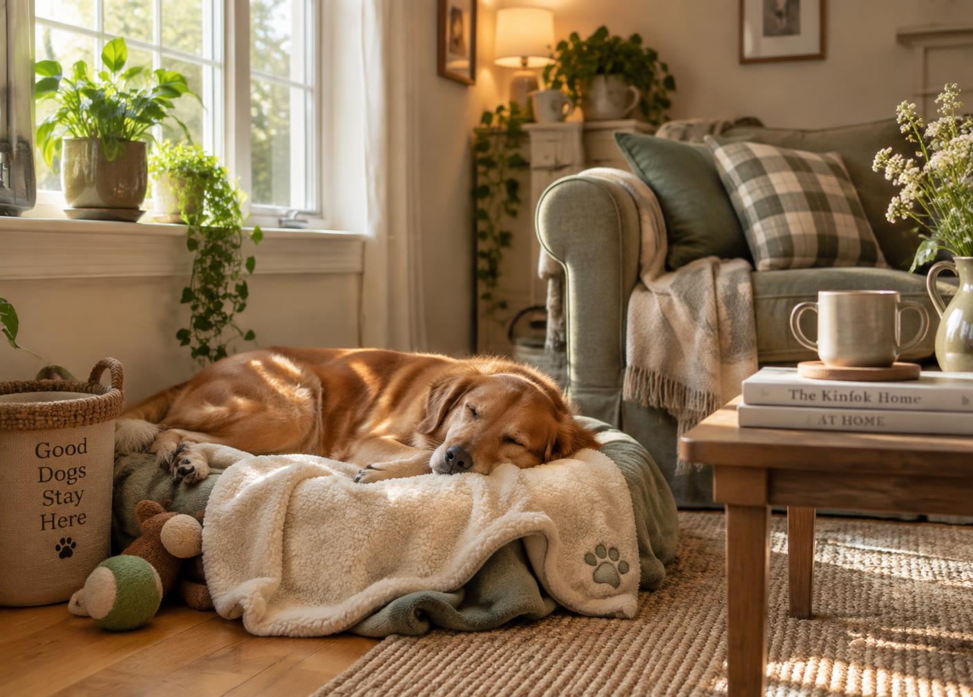 A dog asleep on a soft blanket in a sunlit, cosy living room